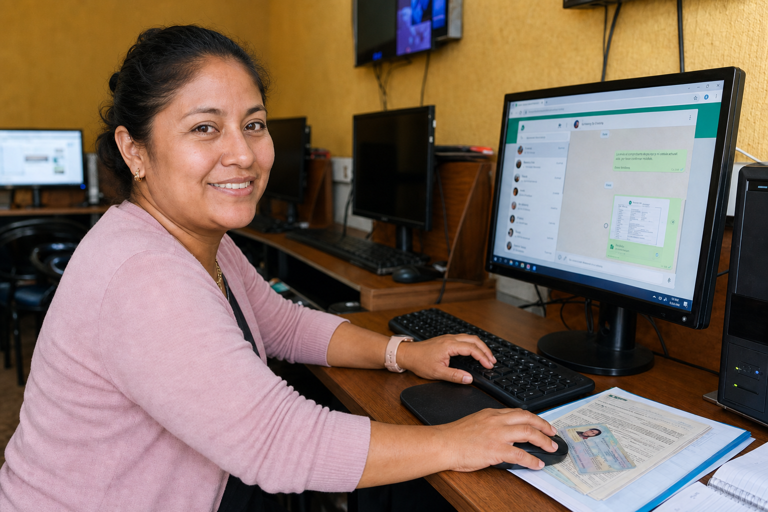 Senora en su local tipo cyber enviando documentos por WhatsApp desde una computadora para aperturar su agencia DoradoBet