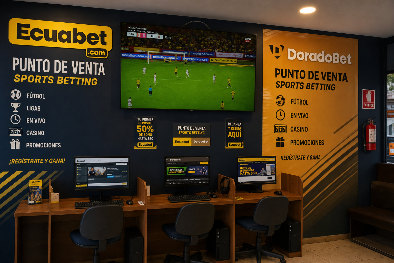 Cyber con tres computadoras, televisor y publicidad Ecuabet y DoradoBet