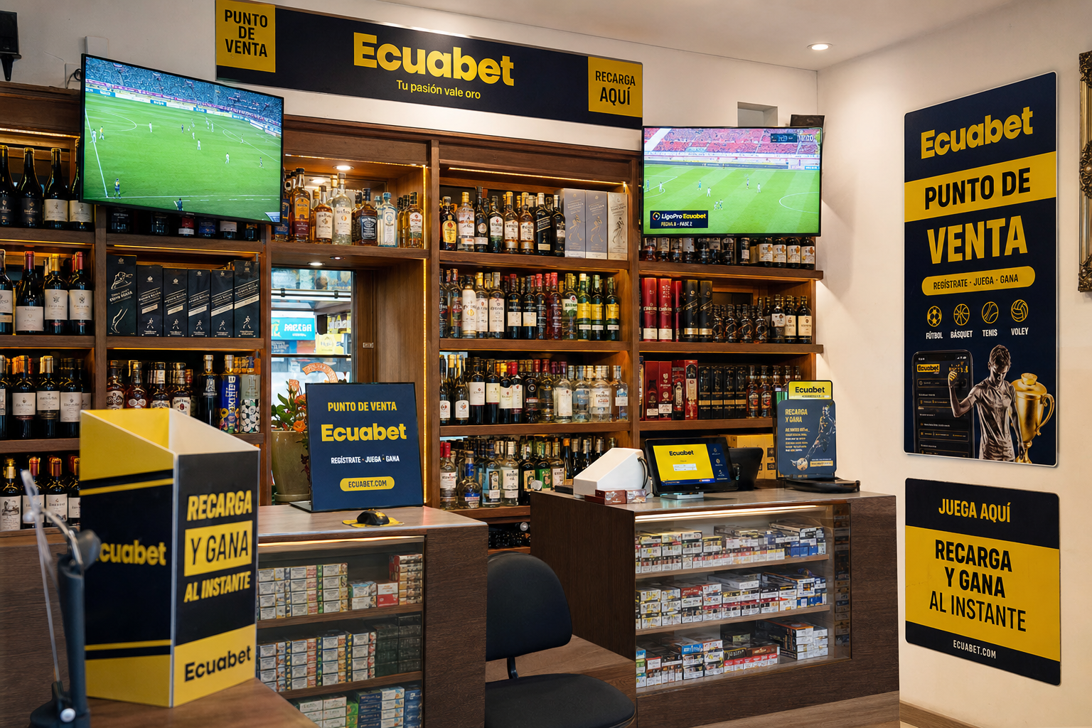 Licoreria surtida con televisores y publicidad Ecuabet como punto de venta