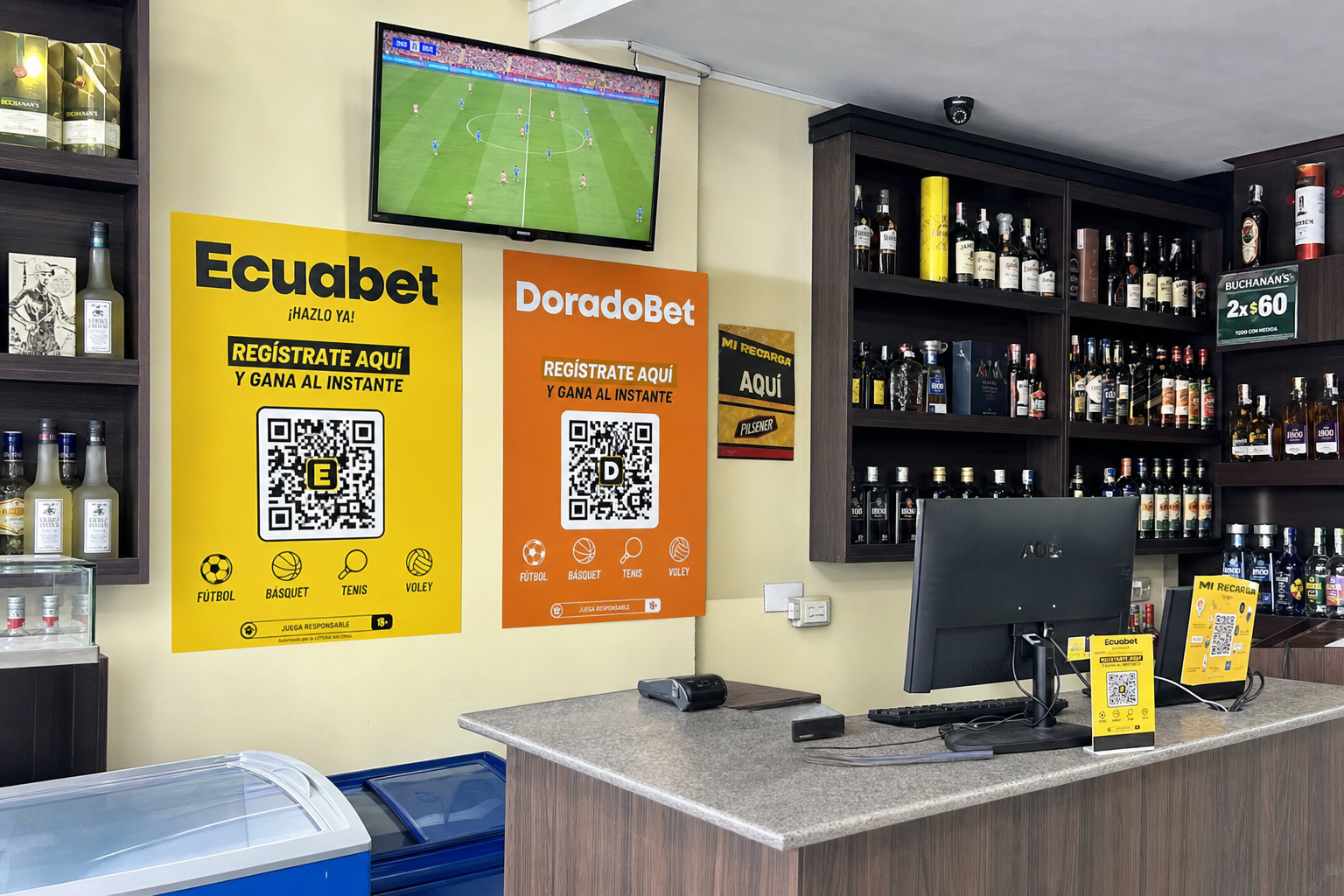 Licorería con publicidad DoradoBet y Ecuabet