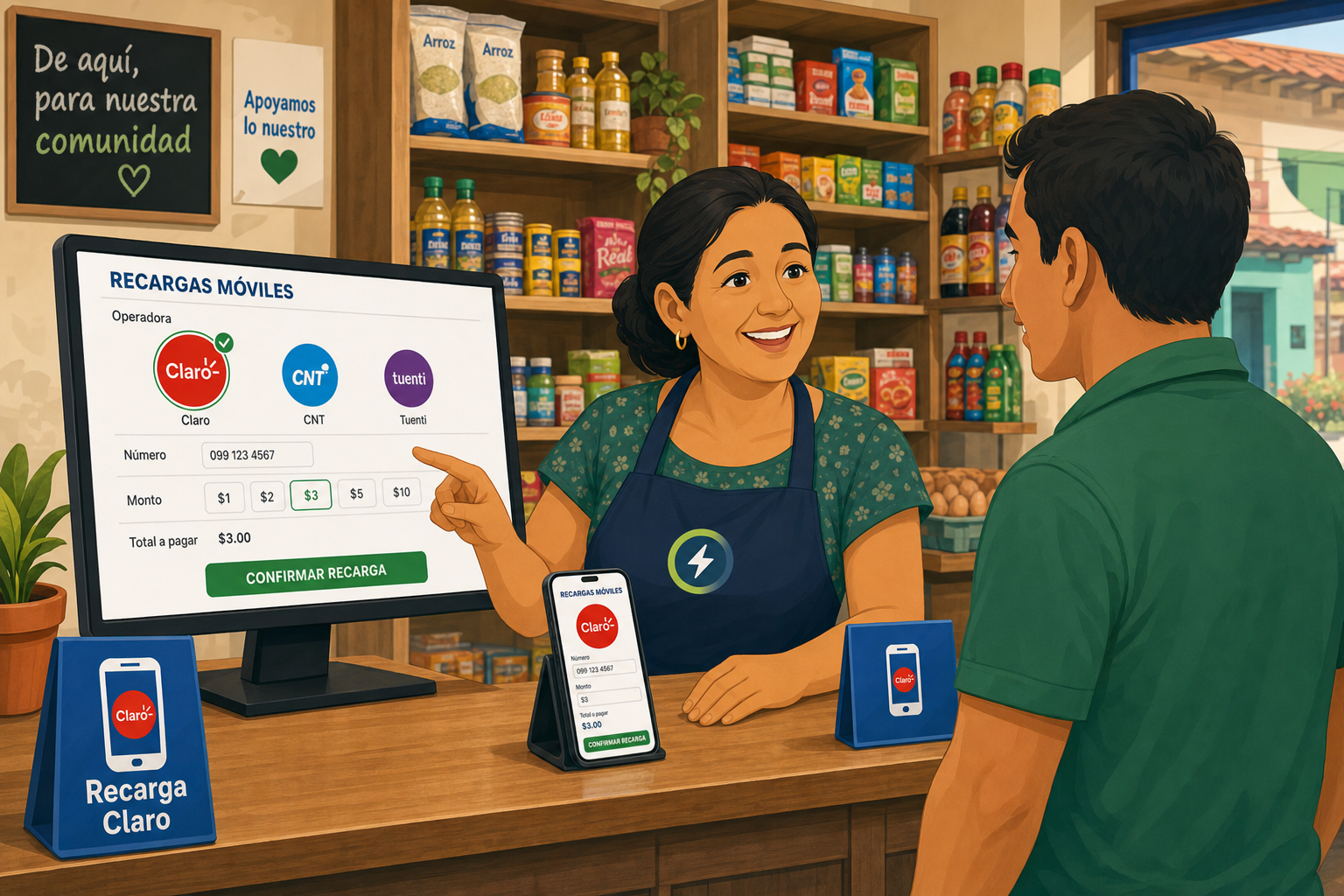 Señora en tienda de barrio realizando recarga Claro a un vecino con Multicargaec