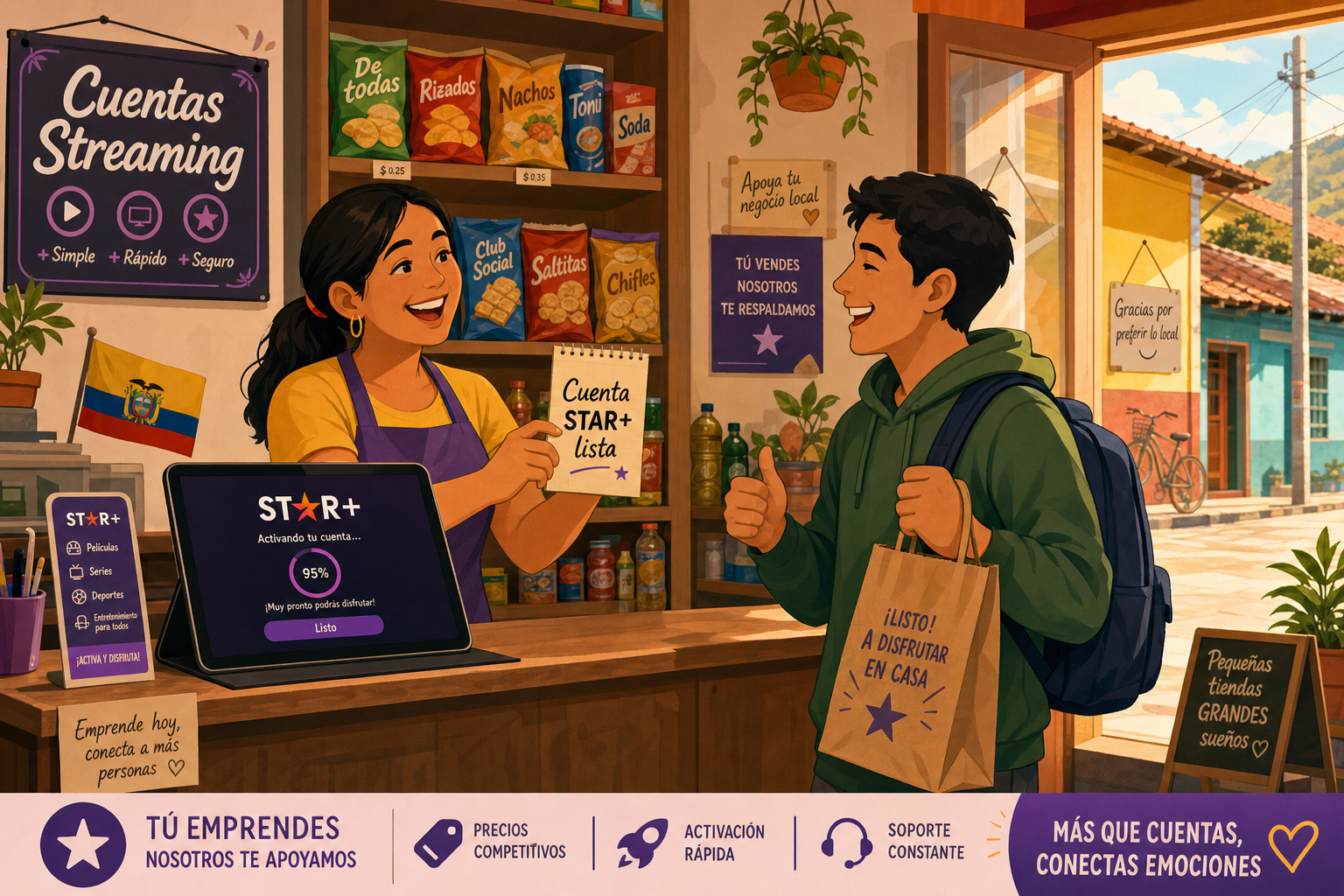 Tienda de barrio activando cuenta Star+ para que el cliente disfrute en casa