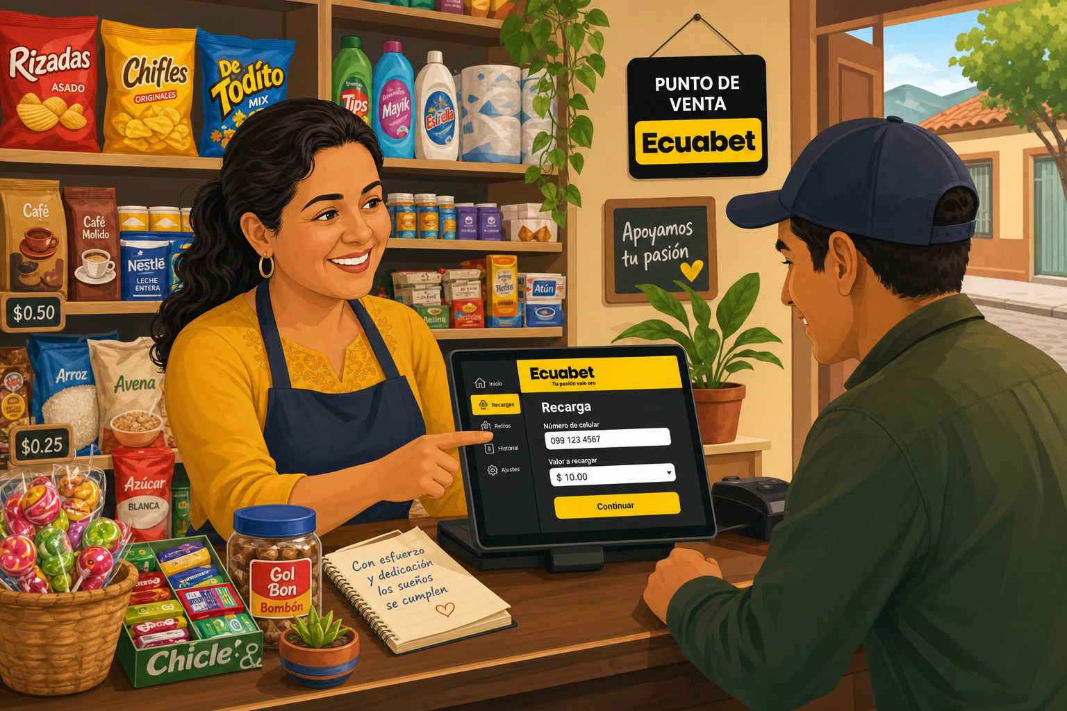 Emprendedora atendiendo su minimarket y realizando recargas Ecuabet a clientes
